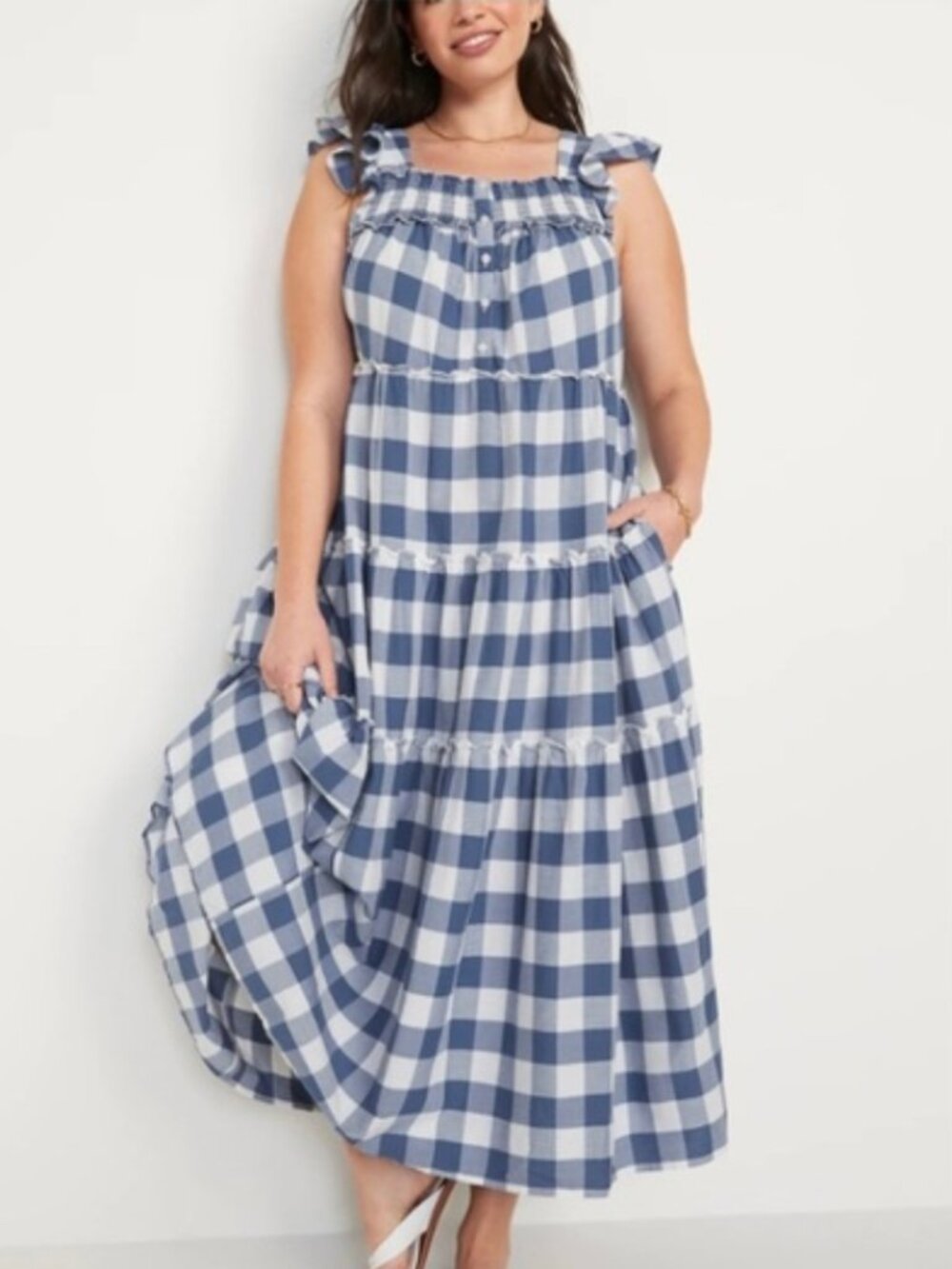 Old Navy Women's Size 4X Blue Gingham Flutter Sleeve Tiered Smocked Swing Dress